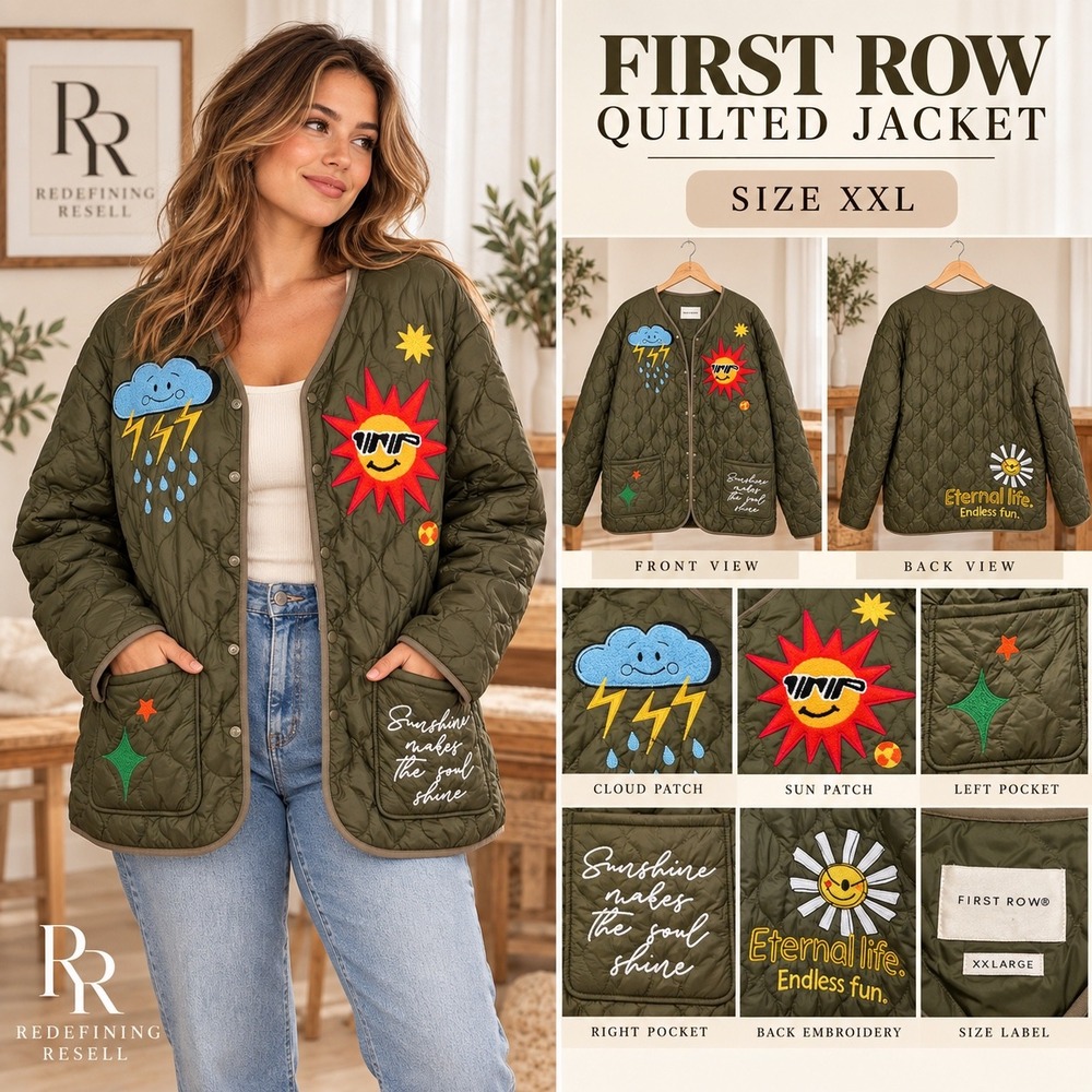 First Row Quilted Jacket Olive Green Embroidered Patch Sun Cloud XXL FRJ2014
